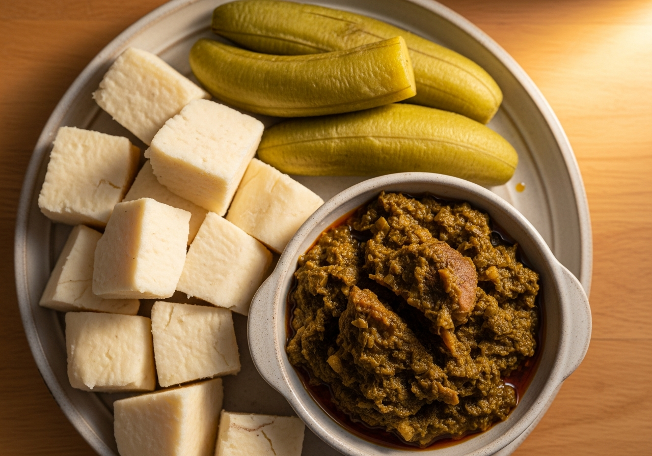 Ampesi (Boiled Yam & Plantain with Kontomire) — authentic Ghanaian recipe